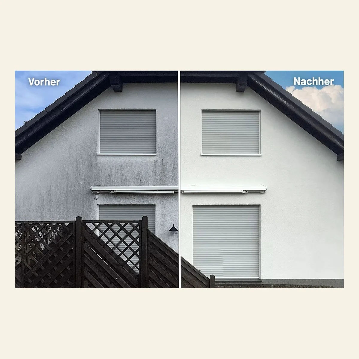 Vorher-Nachher: Hausgiebel nach Fassadenreinigung